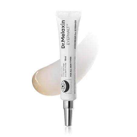 Dr. Melaxin Eyephalt eye cream tube with smooth cream swatch for eye bags and dark circles