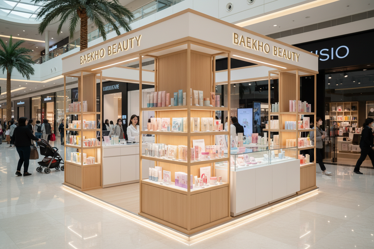 crée un ilot de K-Beauty au centre d'un centre commercial avec notre nom BAEKHO BEAUTY 