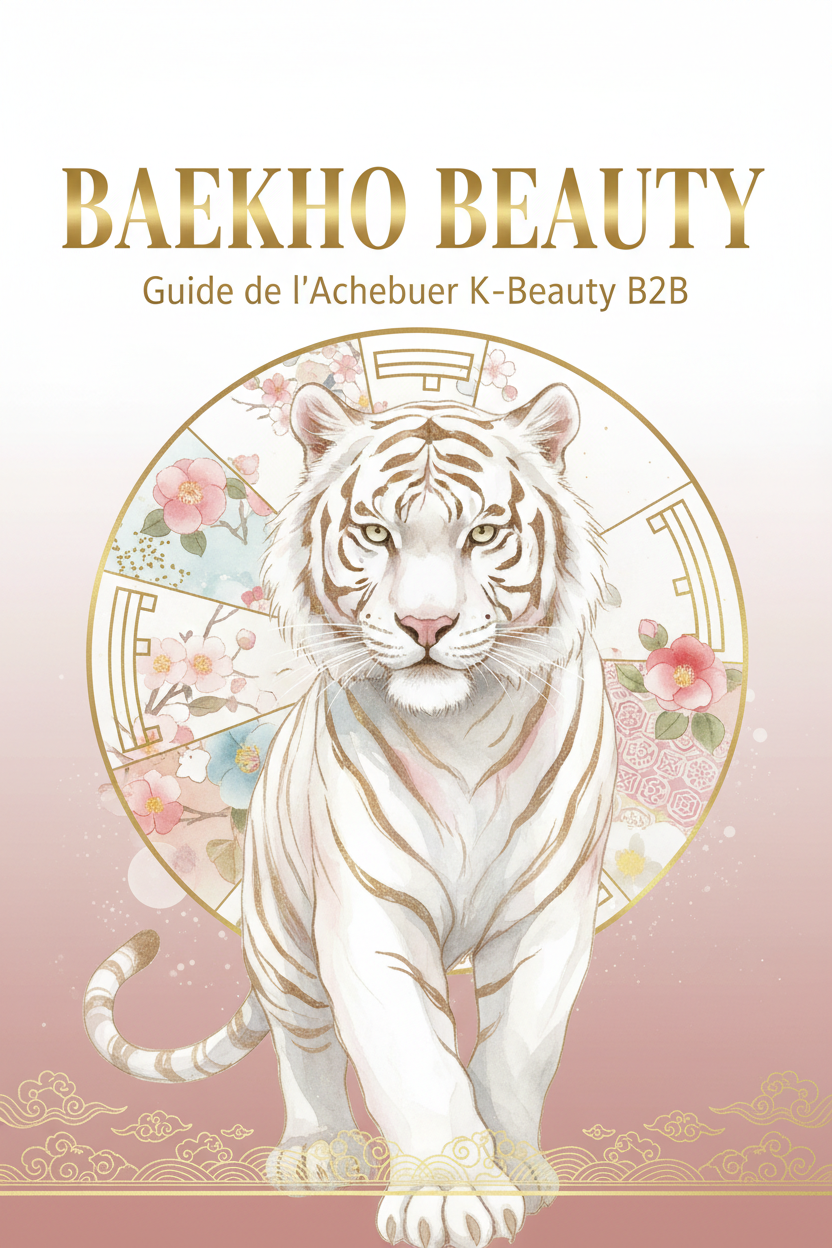 crées un guide de l'acheteur K-Beauty B2B (une couverture de livre) avec notre tigre coréen BAEKHO BEAUTY écrit dessus