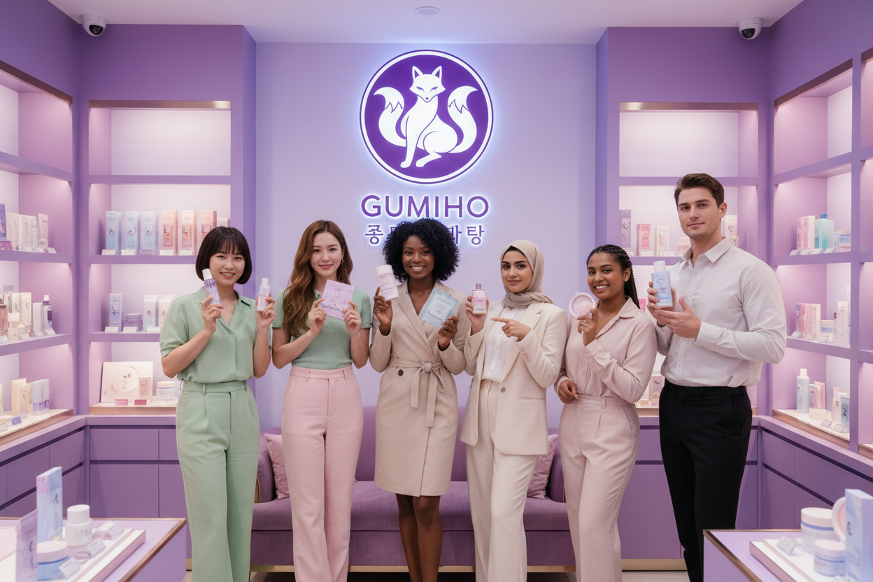 crées un panel de testeur / ambassadeur de K-Beauty dans une boutique qui s'appelle GUMIHO (dont le logo est violet et le renard est blanc). la boutique est violette et rose, avec de la skincare coréenne partout. dans le panel on a une asiatique, une coréenne, une noire, une arabe, une indienne et on aussi un homme blanc plutôt effeminé. 