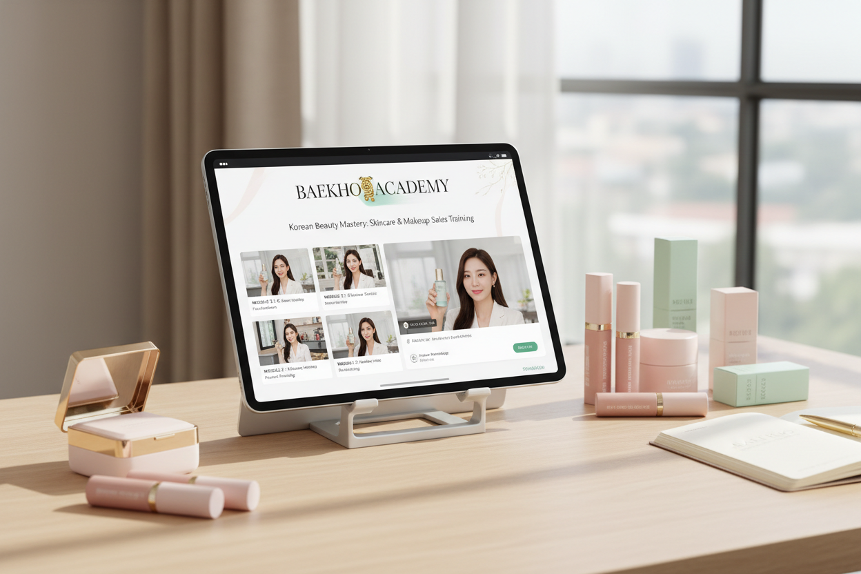 crées un visuel de BAEKHO ACADEMY ou les vendeurs ont des formations en ligne pour vendre de la skincare et du make up coréen 